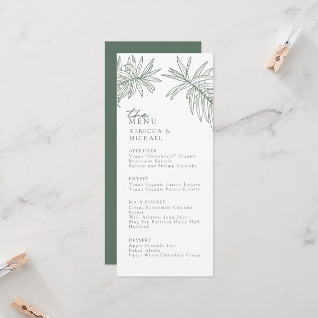Menu de Casamento Botânico Elegante Verde Floresta (Frente/Verso In Situ)