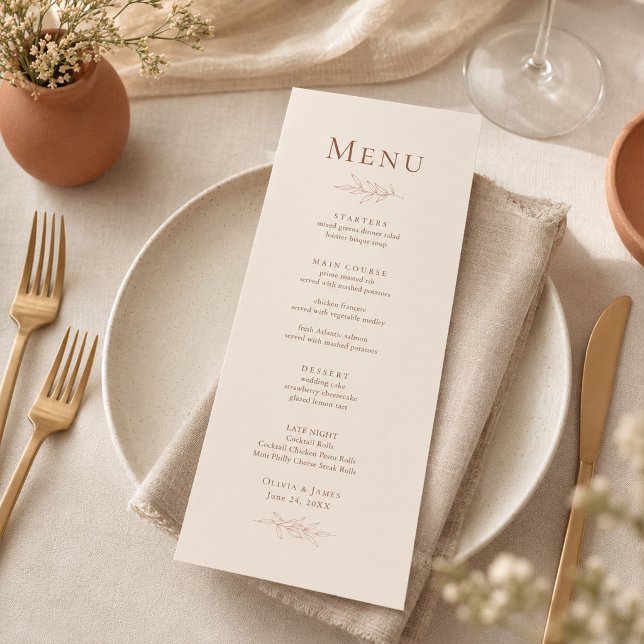 Menu de Casamento Botânico em Terracota e Marfim (Terracotta Ivory Botanical Wedding Menu)