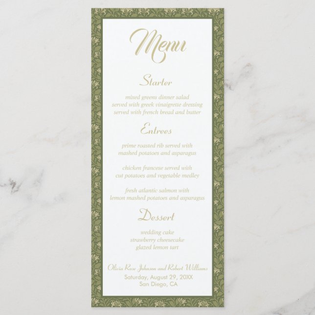 Menu de Casamento Botânico Verde Elegante (Frente)