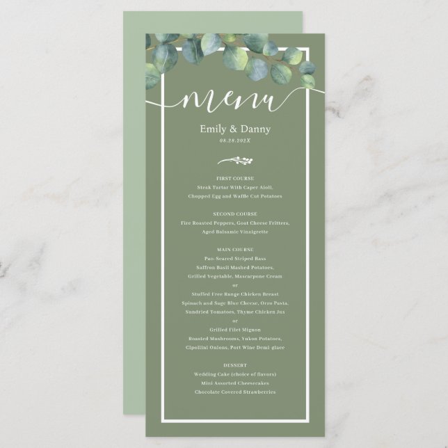 Menu de Casamento Botânico Verde Elegante Verde Sa (Frente/Verso)