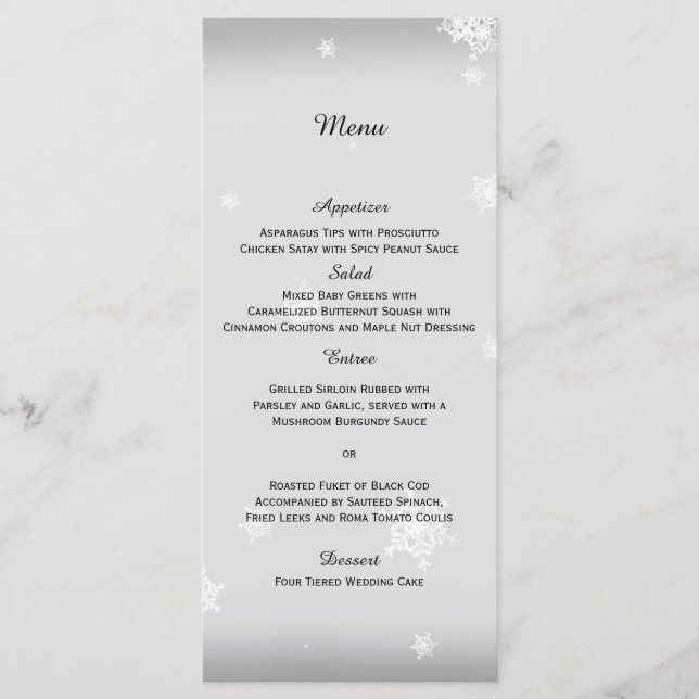 Menu de Casamento Branca e Floco de Neve (Frente)