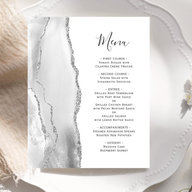 Menu de Casamento Branco Agate Cinzas Prateadas Or (Criador carregado)