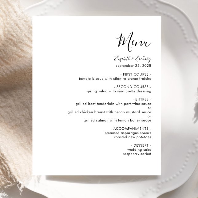 Menu de Casamento Branco de Script Preto Moderno d (Criador carregado)