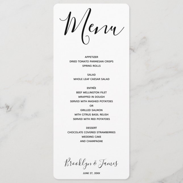 Menu de Casamento Branco de Script Simples (Frente)