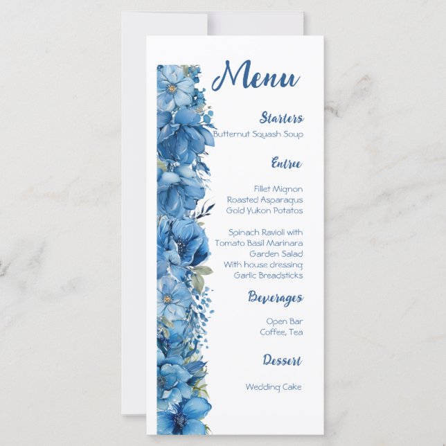 Menu de Casamento Branco e Azul da Elegância do Sa (Frente)