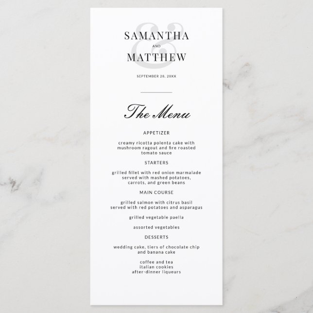 Menu de Casamento Branco e Preto Chic Elegante Sim (Frente)