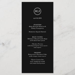 Menu de Casamento Branco e Preto do Monograma Mode
