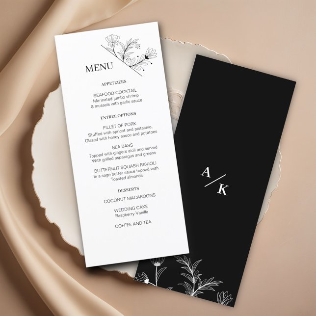 Menu de Casamento Branco e Preto Floral Elegante (Criador carregado)