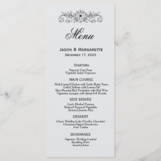 Menu de Casamento Branco e Preto Moderno Elegante