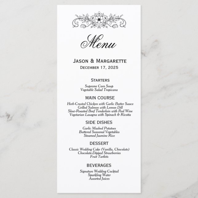 Menu de Casamento Branco e Preto Moderno Elegante (Frente)