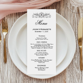Menu de Casamento Branco e Preto Moderno Elegante