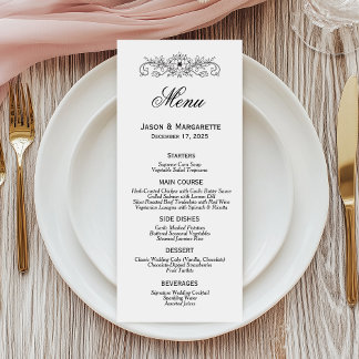 Menu de Casamento Branco e Preto Moderno Elegante