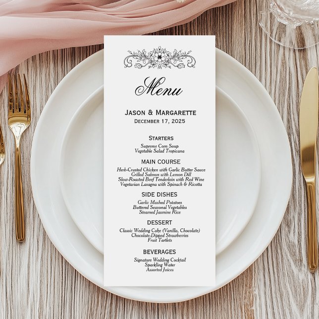 Menu de Casamento Branco e Preto Moderno Elegante (Criador carregado)