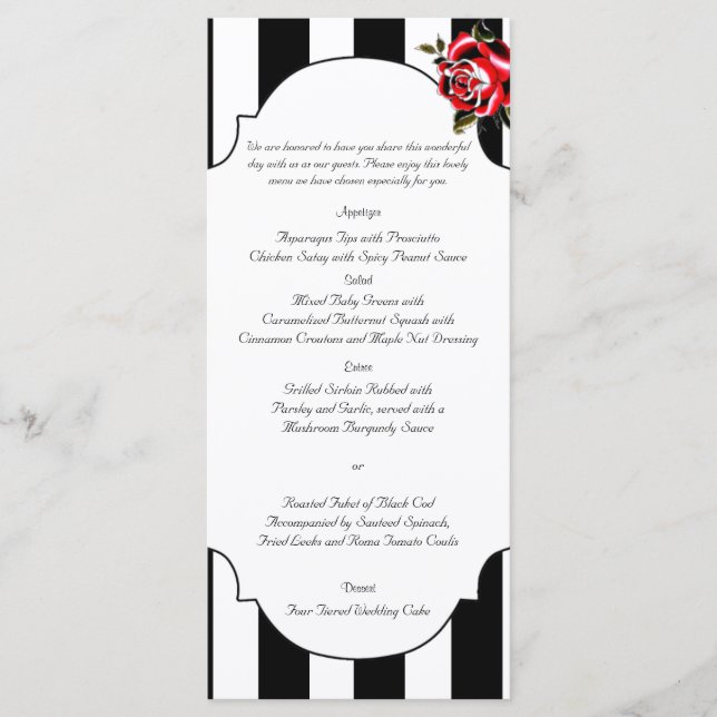 Menu de Casamento Branco e Rosa vermelha Preto (Frente)
