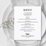 Menu de Casamento Branco Elegante Simples de Orçam<br><div class="desc">Um cartão de cardápio de barato e de janto de papel com suas escolhas de comida em cartazes chic é perfeito para uma recepção de casamento moderna, janto de ensaio de casamento, festa de aniversário ou qualquer evento especial com um janto de sentar. Medidas de 4, 5" x 5, 6"...</div>