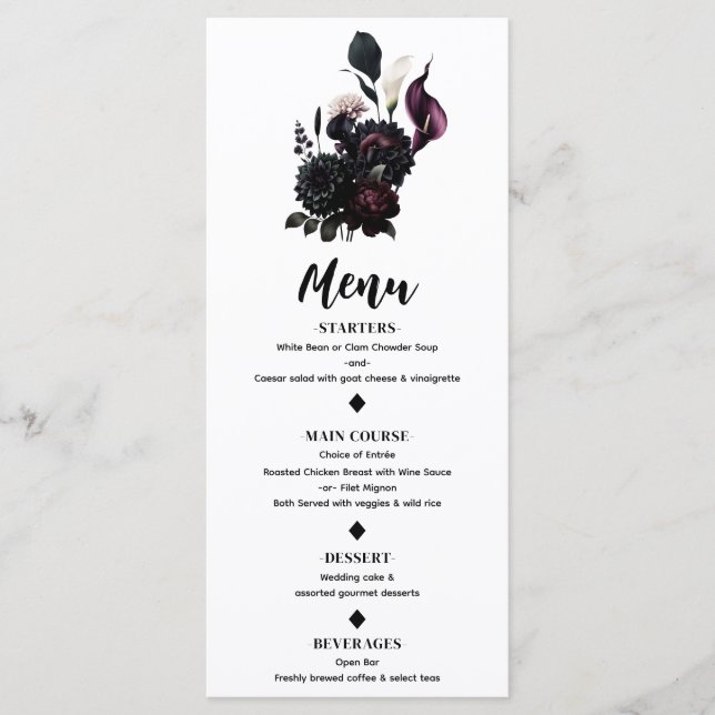 Menu de Casamento Branco Floral Romântico Escuro (Frente)