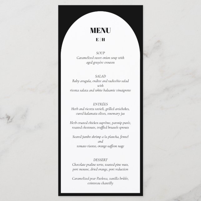 Menu de Casamento Branco Negro de Arch Minimalista (Frente)