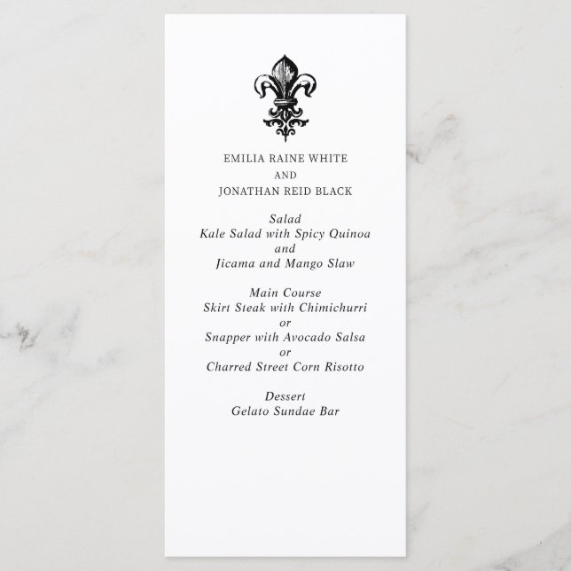 Menu de Casamento Branco Negro Elegante Moderno (Frente)