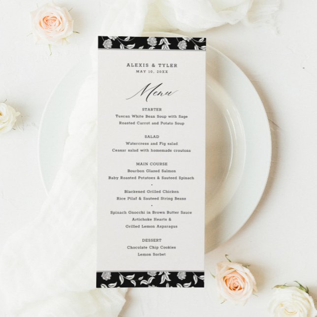 Menu de Casamento Branco Preto Floral de Script El (Criador carregado)