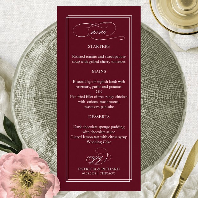 Menu de Casamento Burgundy Marsala Simples Elegant (Criador carregado)