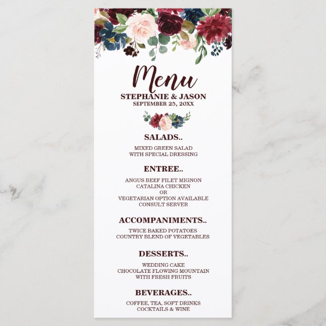 Menu de Casamento Burgundy Red Marinho Floral Rust (Frente)