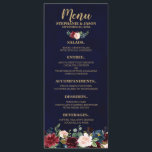 Menu de Casamento Burgundy Red Marinho Floral Rust<br><div class="desc">Watercolor Burgundy Red Marinho Floral Rustic Boho Wedding Menu Rack com letra dourada. Perfeito para um casamento outono. O design apresenta um buquê espantoso de burgundy / Marsala, pêssego, marinho/rosa com folhas correspondentes. Por favor, encontre mais designs e variações na minha loja de "blisswedingpaperie". E sinta-se à vontade para contactar-me...</div>