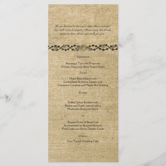 Menu de Casamento Burlap Ocidental (Frente)