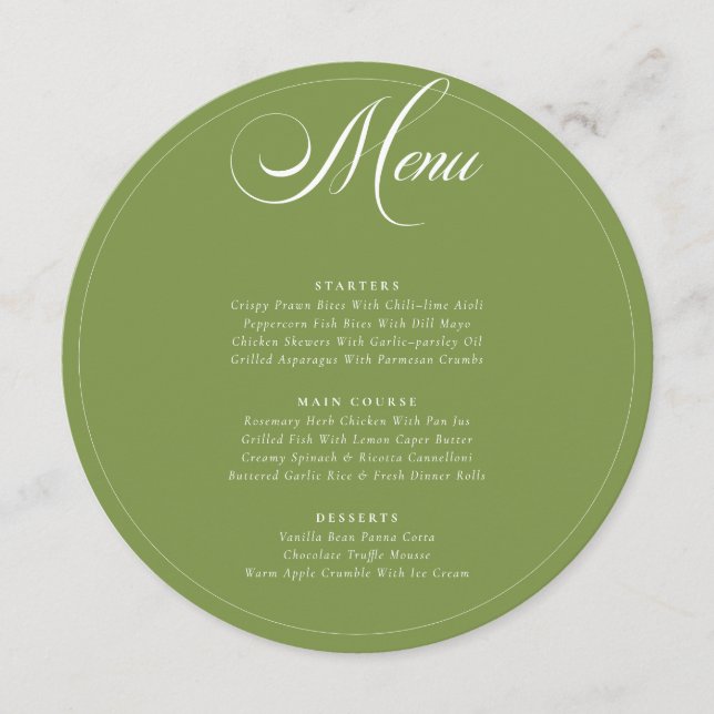 Menu de Casamento Caligrafia Marfim Verde Oliva Cl (Frente)