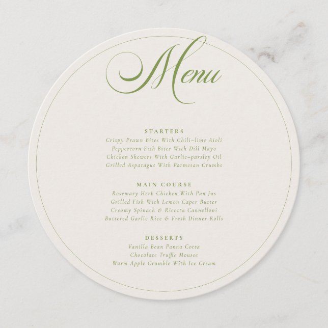 Menu de Casamento Caligrafia Marfim Verde Oliva Cl (Frente)