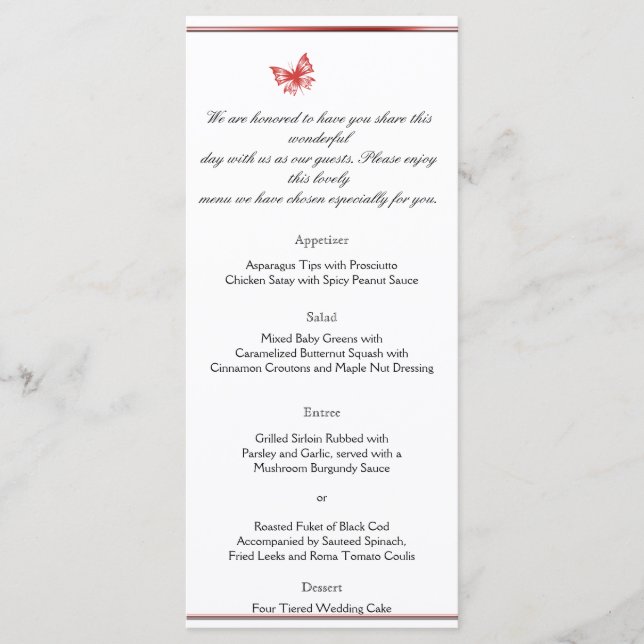 Menu de Casamento Cardíaco da Borboleta Rosa Persi (Frente)