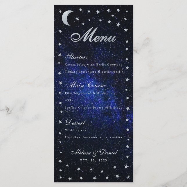 Menu de Casamento Celestial Caligrafia Lua e Estre (Frente)