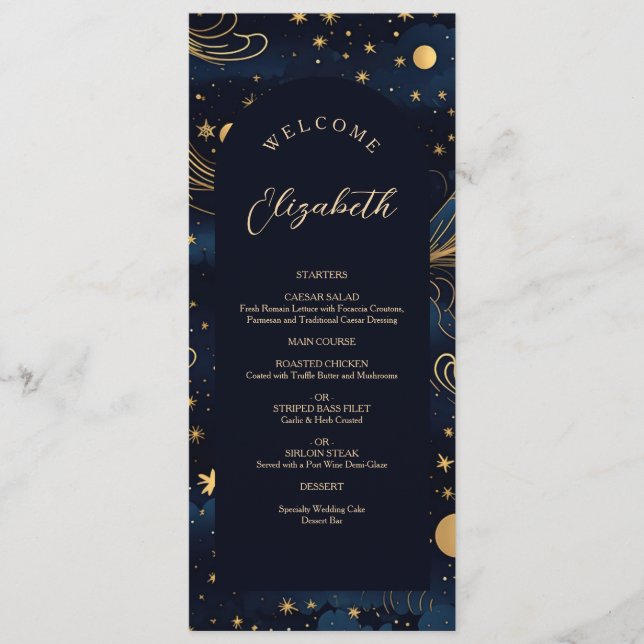 Menu de Casamento Celestial com Nome de Convidado (Frente)
