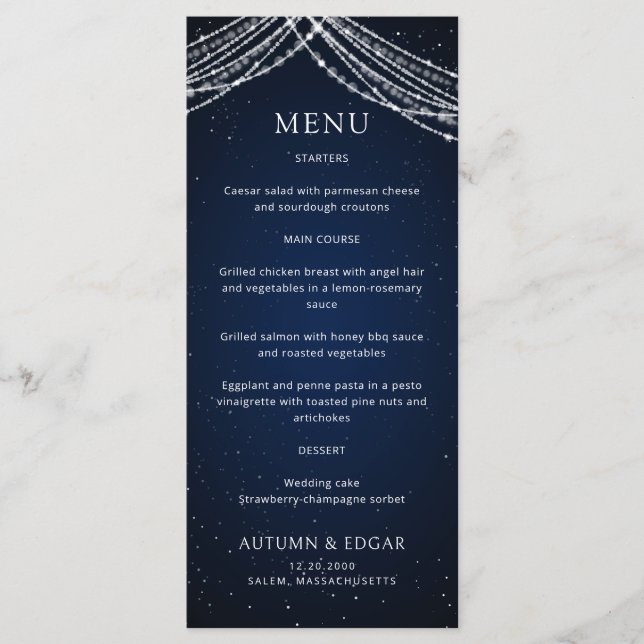 Menu de Casamento Celestial das Luzes de String (Frente)