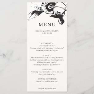 Menu de Casamento Chic das Flores Negras e Brancas