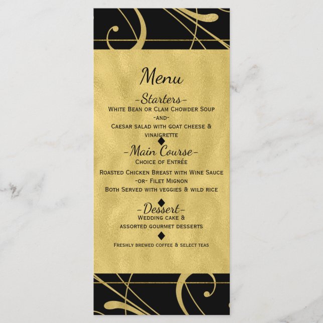 Menu de Casamento Chic Floral Dourado Preto e Faux (Frente)
