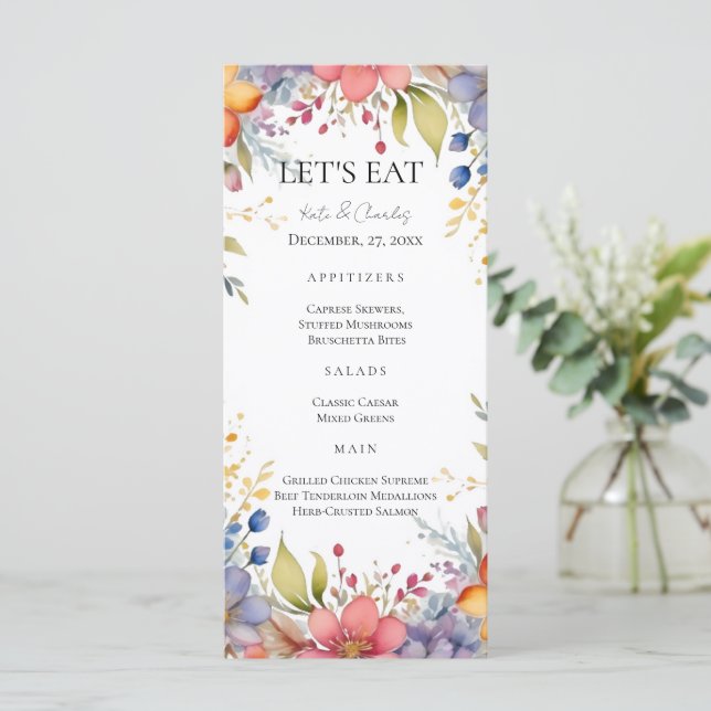 Menu de casamento Chic Floral Wreath (Em pé/Frente)