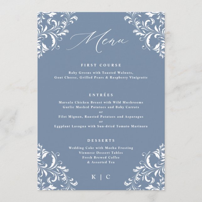 Menu de Casamento Clássico Azul Elegante (Frente)
