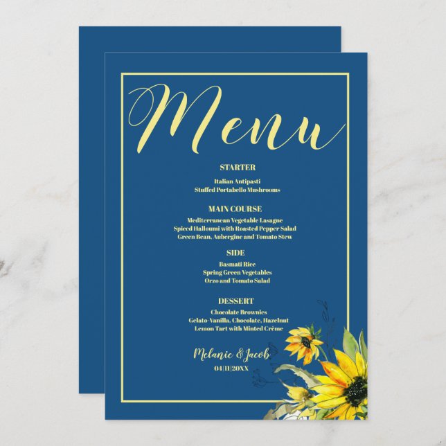 Menu de casamento Clássico Azul Girassol (Frente/Verso)