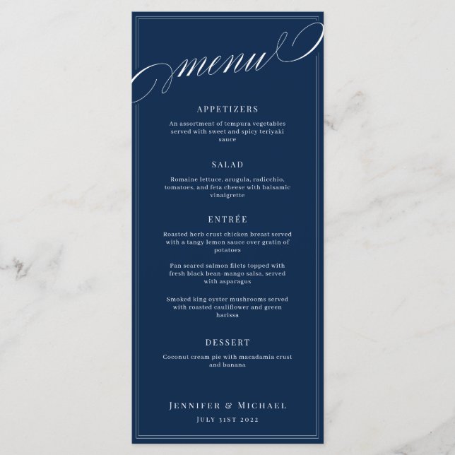 Menu de Casamento Clássico Azul Marinho de Caligra (Frente)