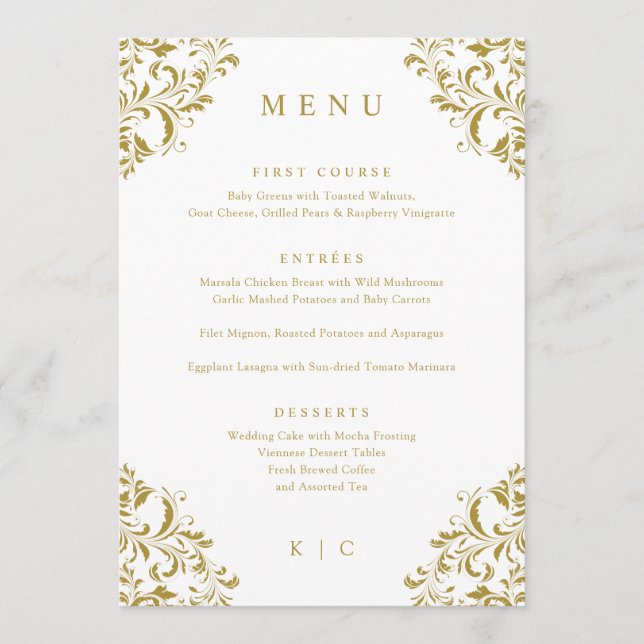 Menu de Casamento Clássico de Vintage Dourada Eleg (Frente)