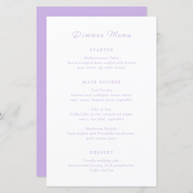 Menu de Casamento Clássico do eterno Lilac (Frente/Verso)