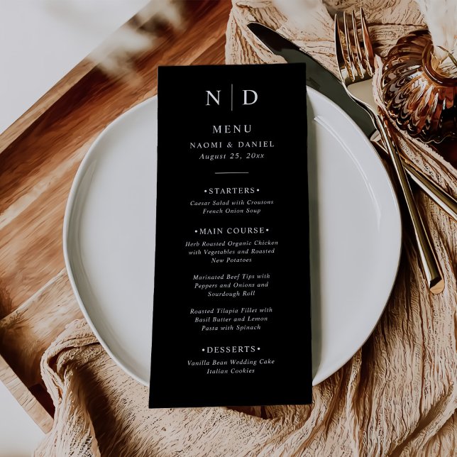 Menu de Casamento Clássico Elegante Preto e Branco (Criador carregado)
