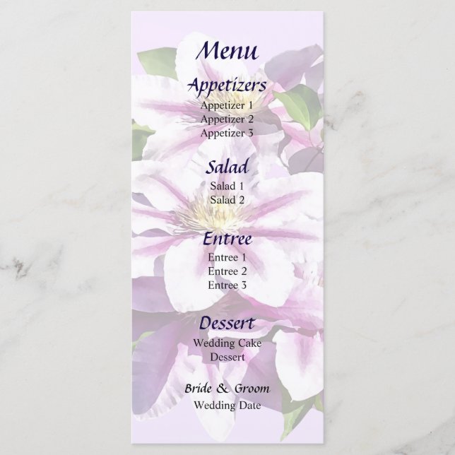Menu de Casamento Clematis Clematis Cor-de-Rosa Pá (Frente)