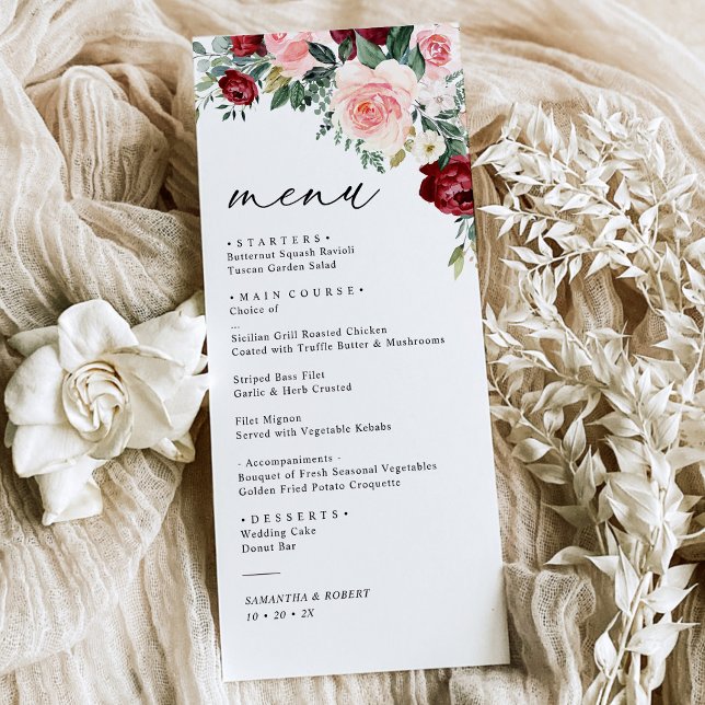 Menu de Casamento Cloroso Floral Moderno Blush Gre (Criador carregado)