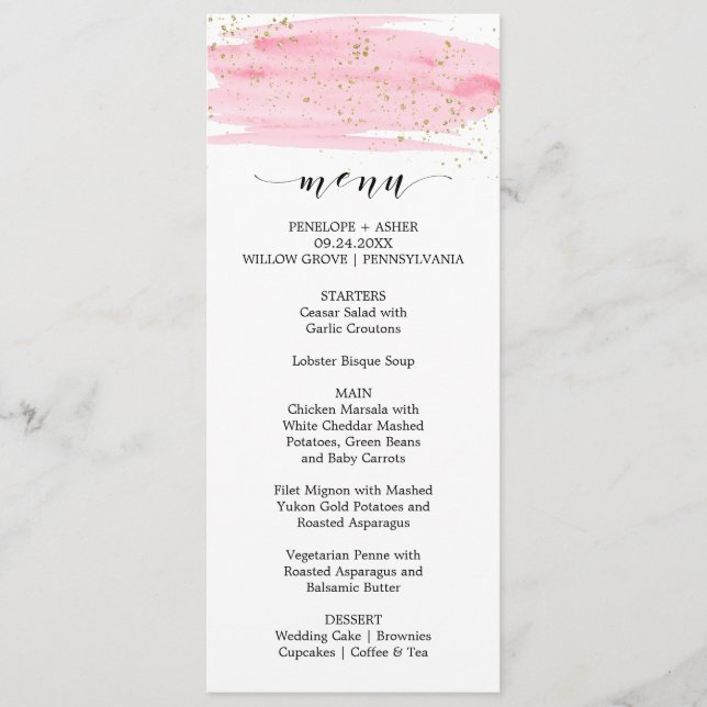 Menu de Casamento com Blush e Sparkle Dourado Cor- (Frente)