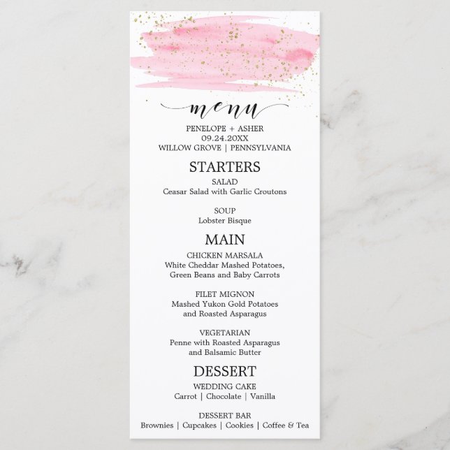 Menu de Casamento com Blush e Sparkle Dourado Cor- (Frente)