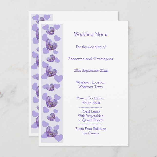 Menu de Casamento com Design de Coração de Wisteri (Frente/Verso)