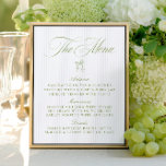 Menu de Casamento com Faixa Verde e Azul Clássica<br><div class="desc">Um cartão de cardápio de casamento refinado, projetado com faixas verticais verdes e azuis, fontes serif de eterno e realces românticos. As iniciais personalizadas aparecem no verso (opcional e totalmente editável). Ideal para casamentos de jardim, recepções de verão ou celebrações clássicas ao ar livre. Parte da Coleção Caseira "Iris" —...</div>