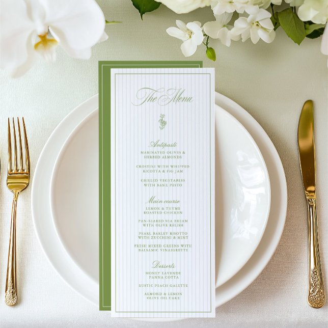 Menu de Casamento com Faixa Verde e Azul Clássica (Classic Sage Green & Blue Striped Wedding Menu)