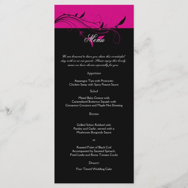Menu de Casamento com Filigres Florais Fuchsia e P (Frente)